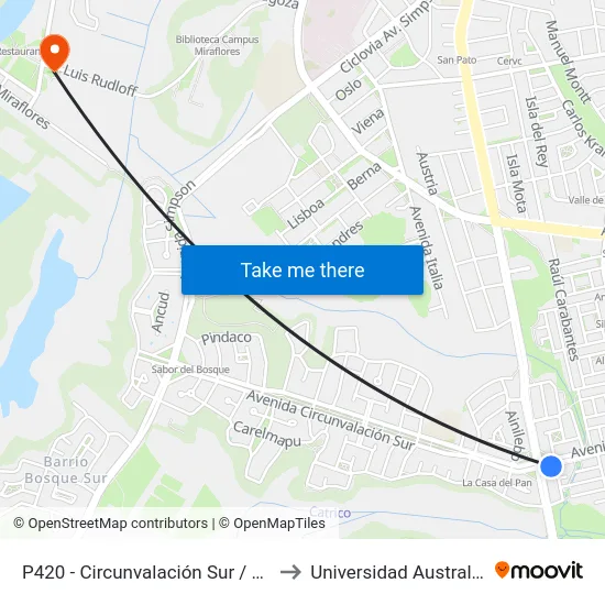 P420 - Circunvalación Sur / Pedro Montt to Universidad Austral De Chile map