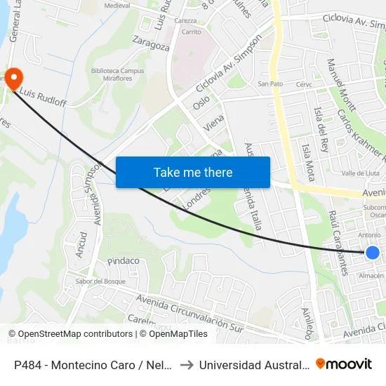 P484 - Montecino Caro / Nelson Oyarzún to Universidad Austral De Chile map