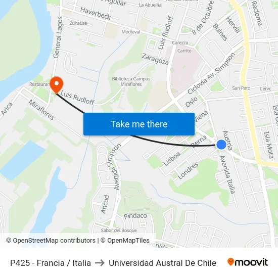 P425 - Francia / Italia to Universidad Austral De Chile map