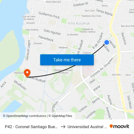 P42 - Coronel Santiago Bueras / Hevia to Universidad Austral De Chile map