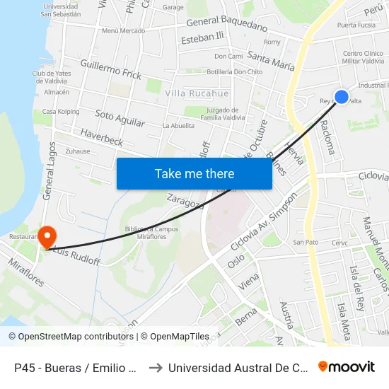 P45 - Bueras / Emilio Cok to Universidad Austral De Chile map