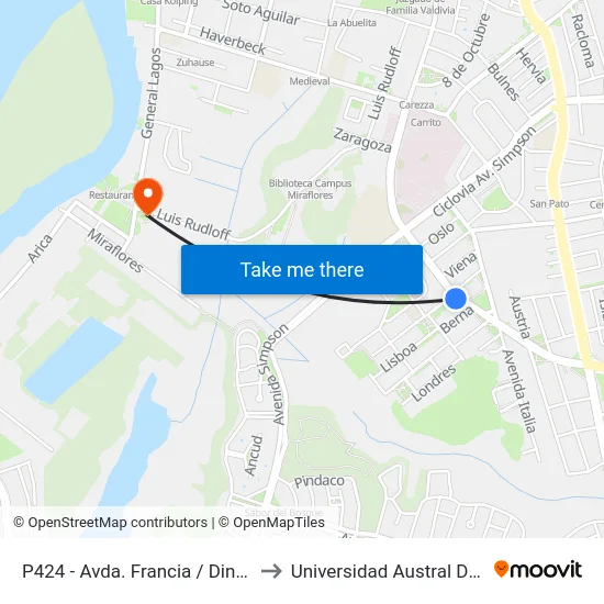 P424 - Avda. Francia / Dinamarca to Universidad Austral De Chile map