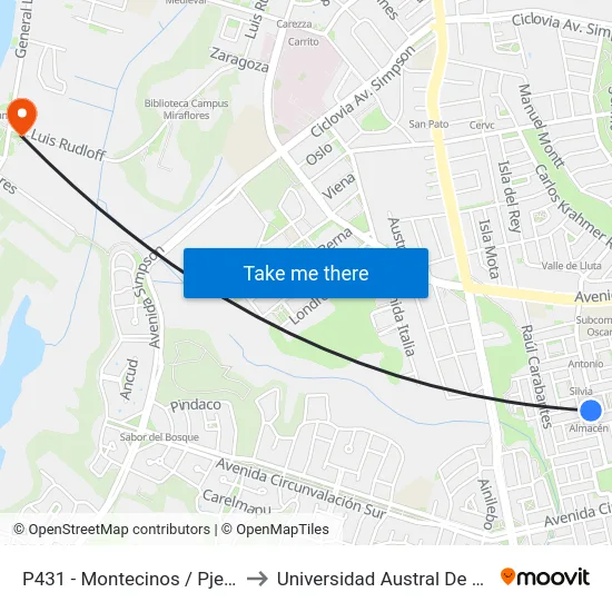 P431 - Montecinos / Pje. 1 E to Universidad Austral De Chile map