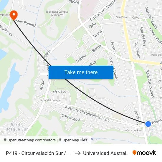 P419 - Circunvalación Sur / Pedro Montt to Universidad Austral De Chile map
