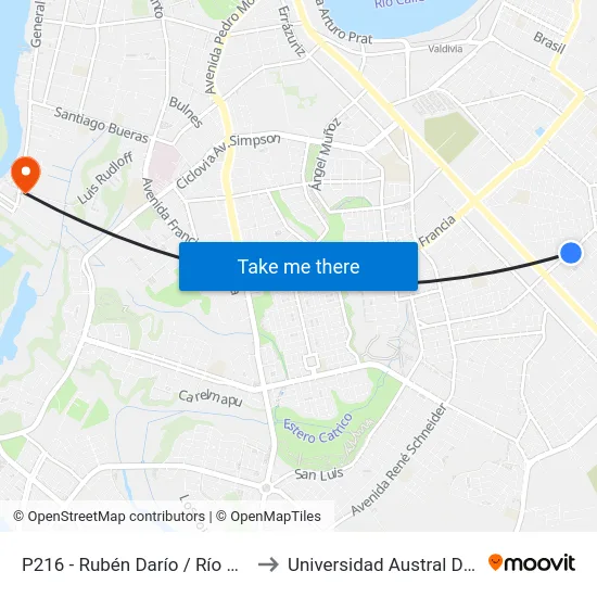 P216 - Rubén Darío / Río Cau Cau to Universidad Austral De Chile map