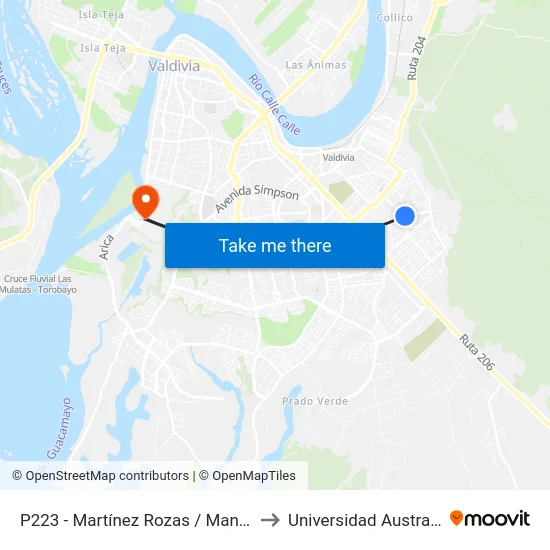 P223 - Martínez Rozas / Manuel Rodríguez to Universidad Austral De Chile map