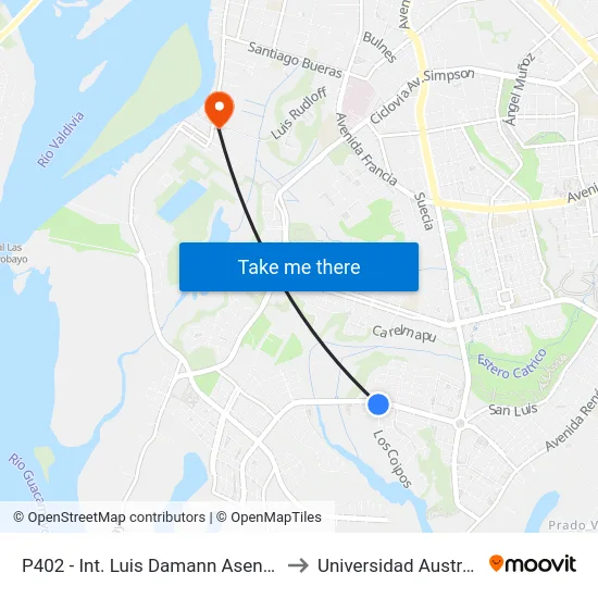 P402 - Int. Luis Damann Asenjo / Los Coipos to Universidad Austral De Chile map