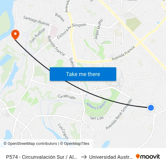 P574 - Circunvalación Sur / Alberto Blest Gana to Universidad Austral De Chile map
