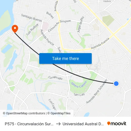 P575 - Circunvalación Sur / Pje.3 to Universidad Austral De Chile map