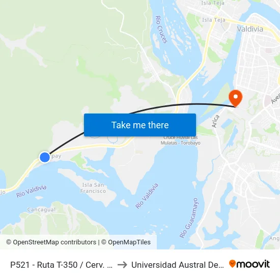 P521 - Ruta T-350 / Cerv. Valtor to Universidad Austral De Chile map