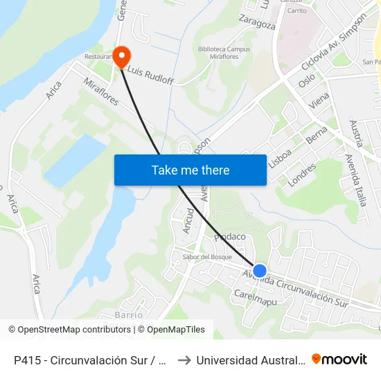 P415 - Circunvalación Sur / Raquimavida to Universidad Austral De Chile map