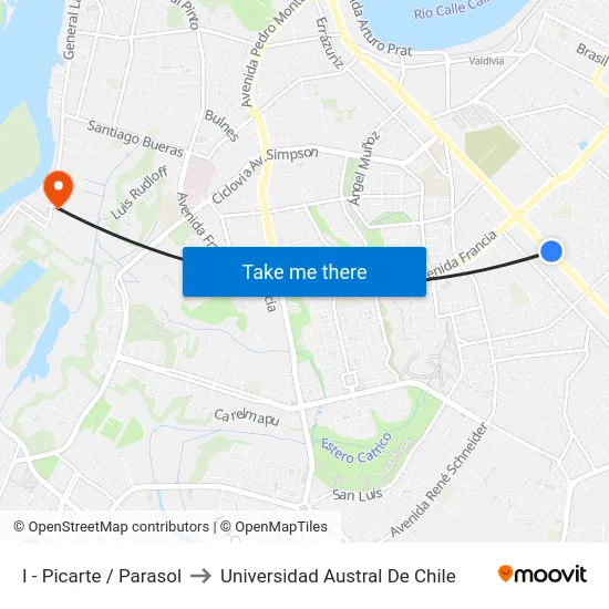 I - Picarte / Parasol to Universidad Austral De Chile map