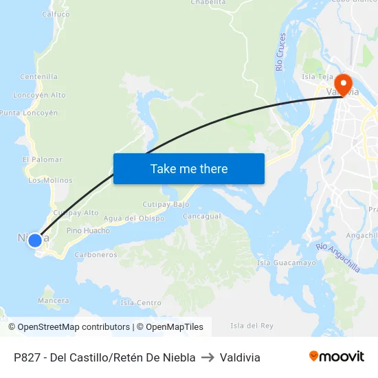 P827 - Del Castillo/Retén De Niebla to Valdivia map