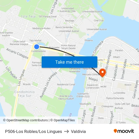 P506-Los Robles/Los Lingues to Valdivia map