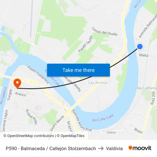 P590 - Balmaceda / Callejón Stolzembach to Valdivia map