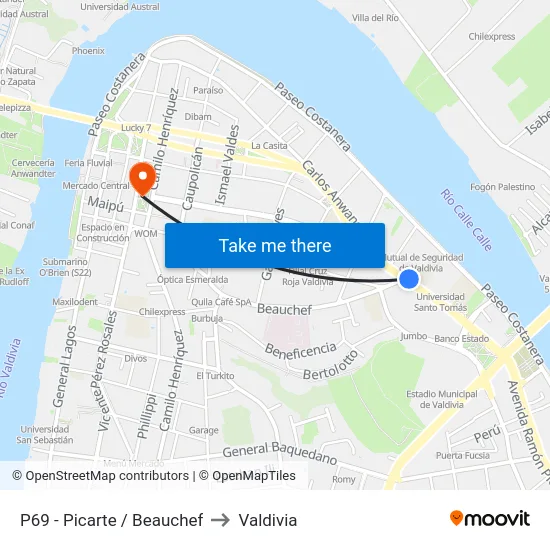 P69 - Picarte / Beauchef to Valdivia map
