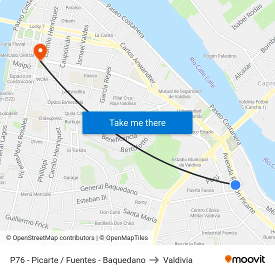 P76 - Picarte / Fuentes - Baquedano to Valdivia map