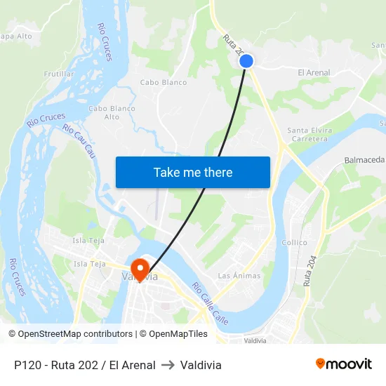 P120 - Ruta 202 / El Arenal to Valdivia map