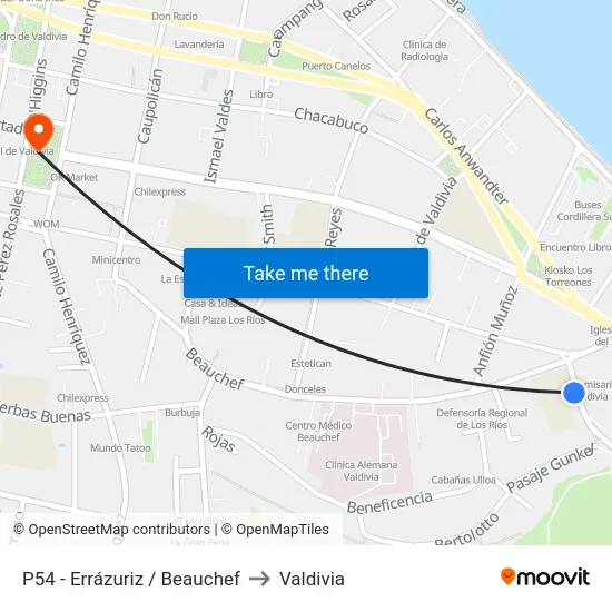 P54 - Errázuriz / Beauchef to Valdivia map