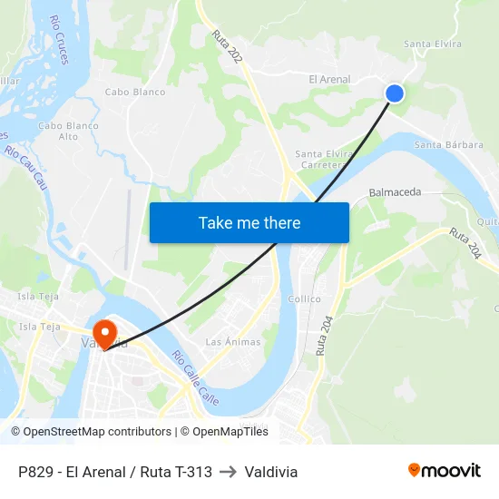 P829 - El Arenal / Ruta T-313 to Valdivia map