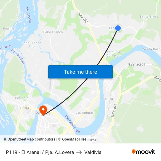 P119 - El Arenal / Pje. A.Lovera to Valdivia map