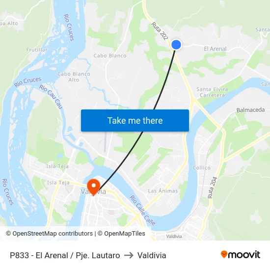 P833 - El Arenal / Pje. Lautaro to Valdivia map