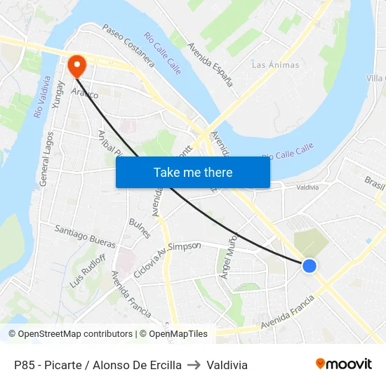 P85 - Picarte / Alonso De Ercilla to Valdivia map