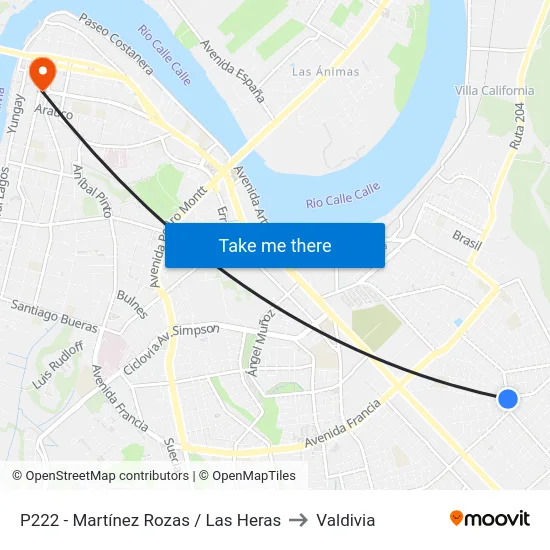 P222 - Martínez Rozas / Las Heras to Valdivia map
