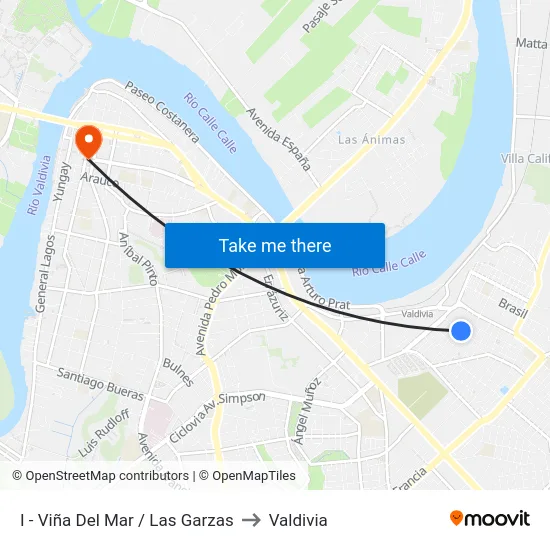 I - Viña Del Mar / Las Garzas to Valdivia map