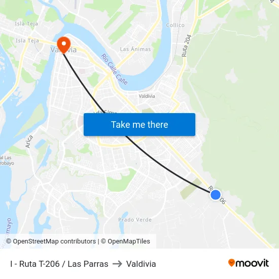 I - Ruta T-206 / Las Parras to Valdivia map