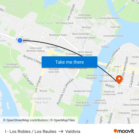 I - Los Robles / Los Raulíes to Valdivia map