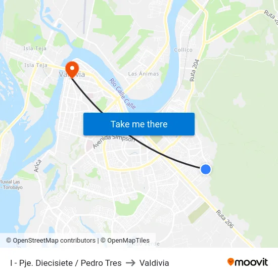 I - Pje. Diecisiete / Pedro Tres to Valdivia map