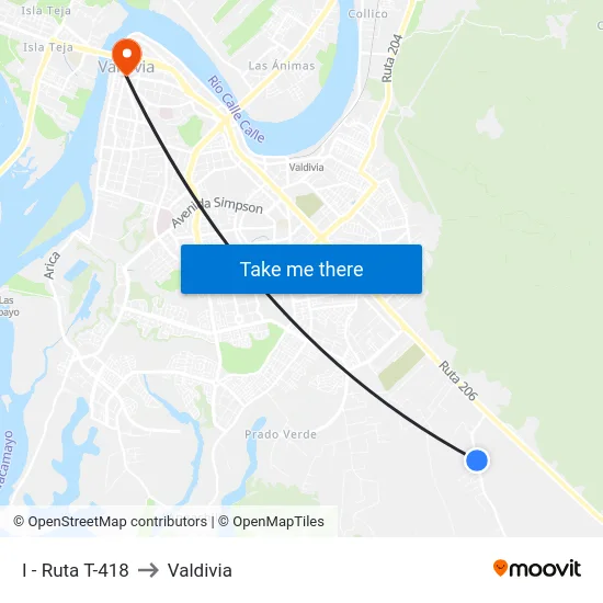 I - Ruta T-418 to Valdivia map