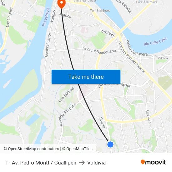 I - Av. Pedro Montt / Guallipen to Valdivia map