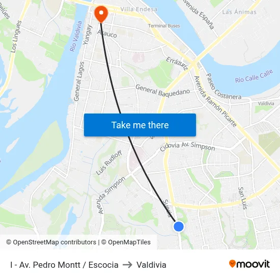 I - Av. Pedro Montt / Escocia to Valdivia map