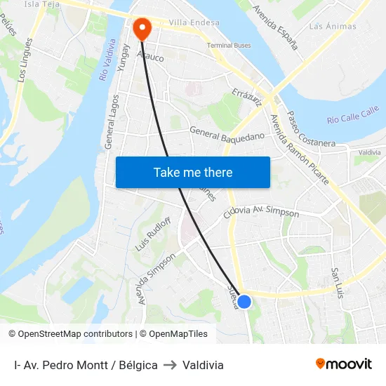 I- Av. Pedro Montt / Bélgica to Valdivia map
