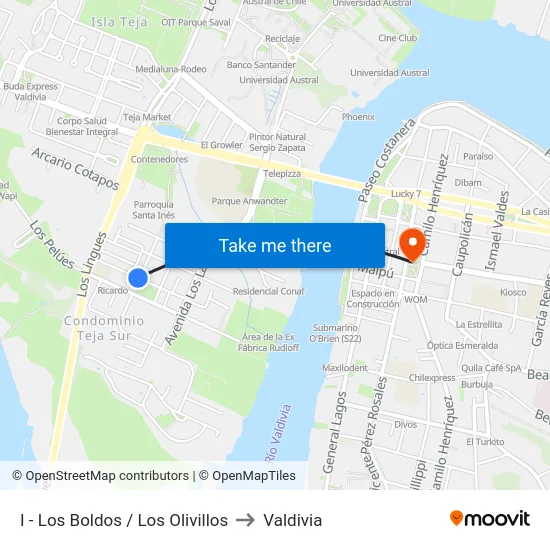 I - Los Boldos / Los Olivillos to Valdivia map