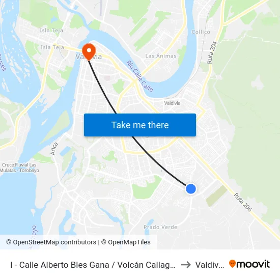 I - Calle Alberto Bles Gana / Volcán Callague to Valdivia map