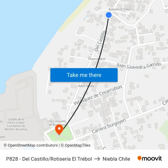 P828 - Del Castillo/Rotisería El Trébol to Niebla Chile map