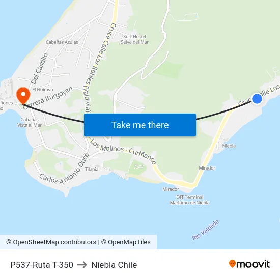 P537-Ruta T-350 to Niebla Chile map