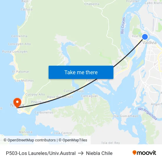 P503-Los Laureles/Univ.Austral to Niebla Chile map