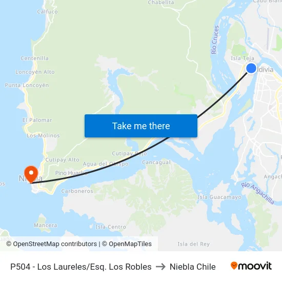 P504 - Los Laureles/Esq. Los Robles to Niebla Chile map