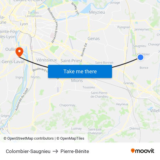 Colombier-Saugnieu to Pierre-Bénite map