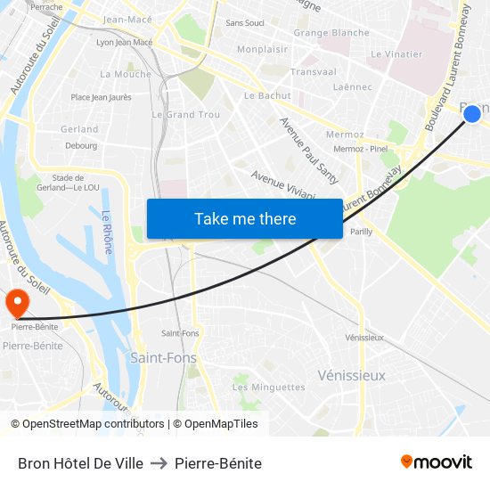 Bron Hôtel De Ville to Pierre-Bénite map