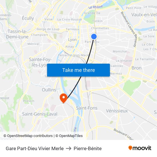 Gare Part-Dieu Vivier Merle to Pierre-Bénite map