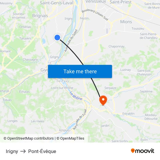 Irigny to Pont-Évêque map