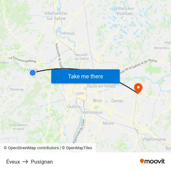 Éveux to Pusignan map