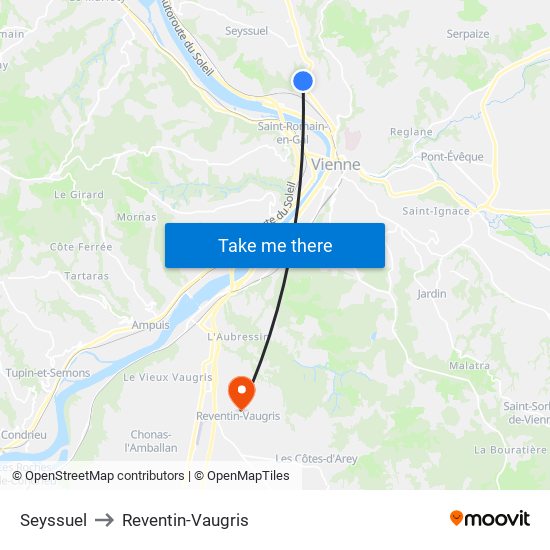 Seyssuel to Reventin-Vaugris map