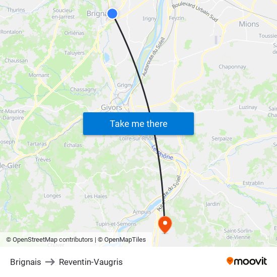 Brignais to Reventin-Vaugris map