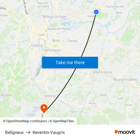 Béligneux to Reventin-Vaugris map